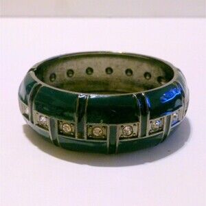 Gunmetal Deep Blue Enamel and Rhinestone Hinged Statement Bangle Bracelet
